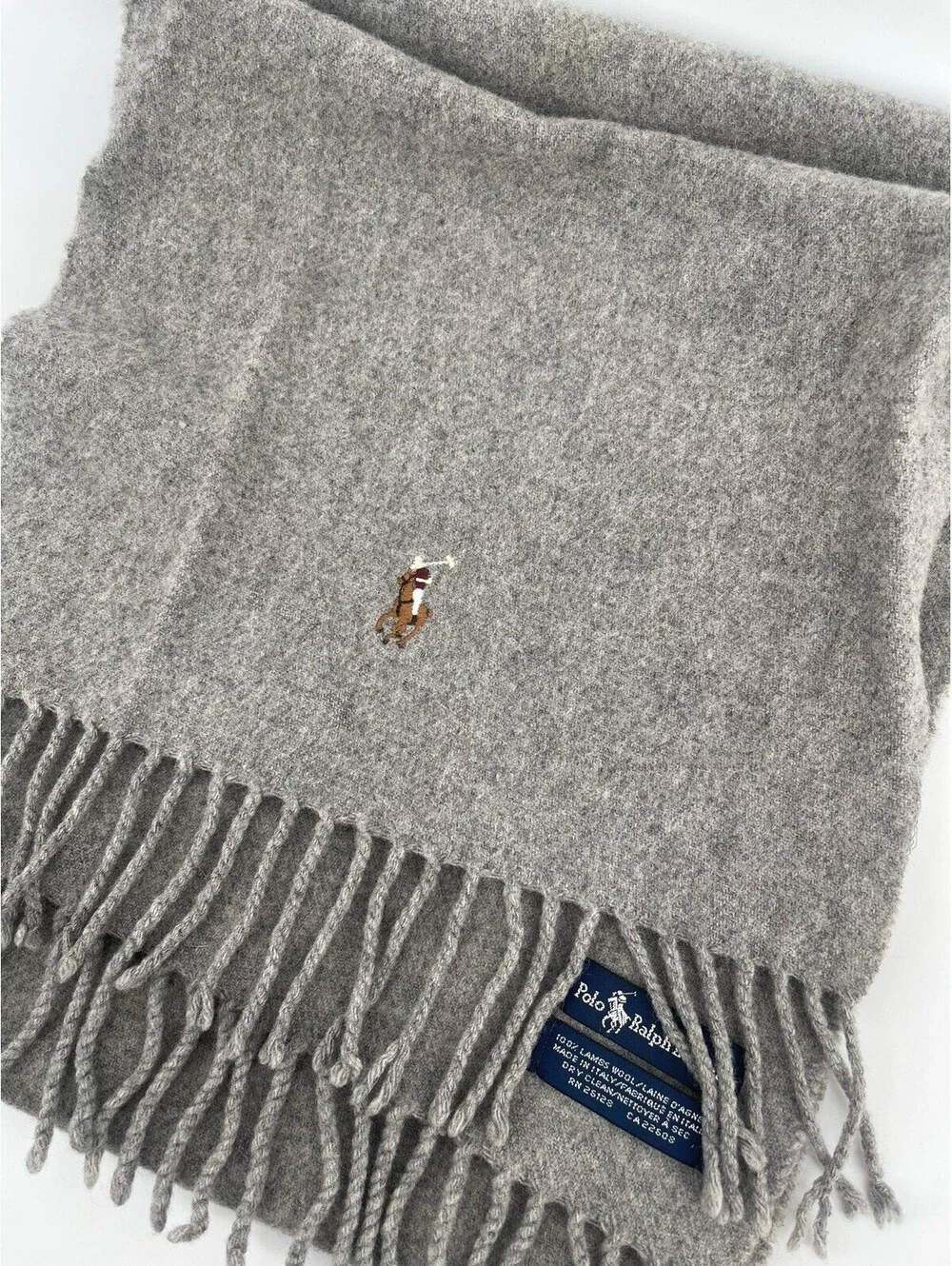 Polo Ralph Lauren Gray 100% Lambswool Fringe Scarf Italy Pony Logo